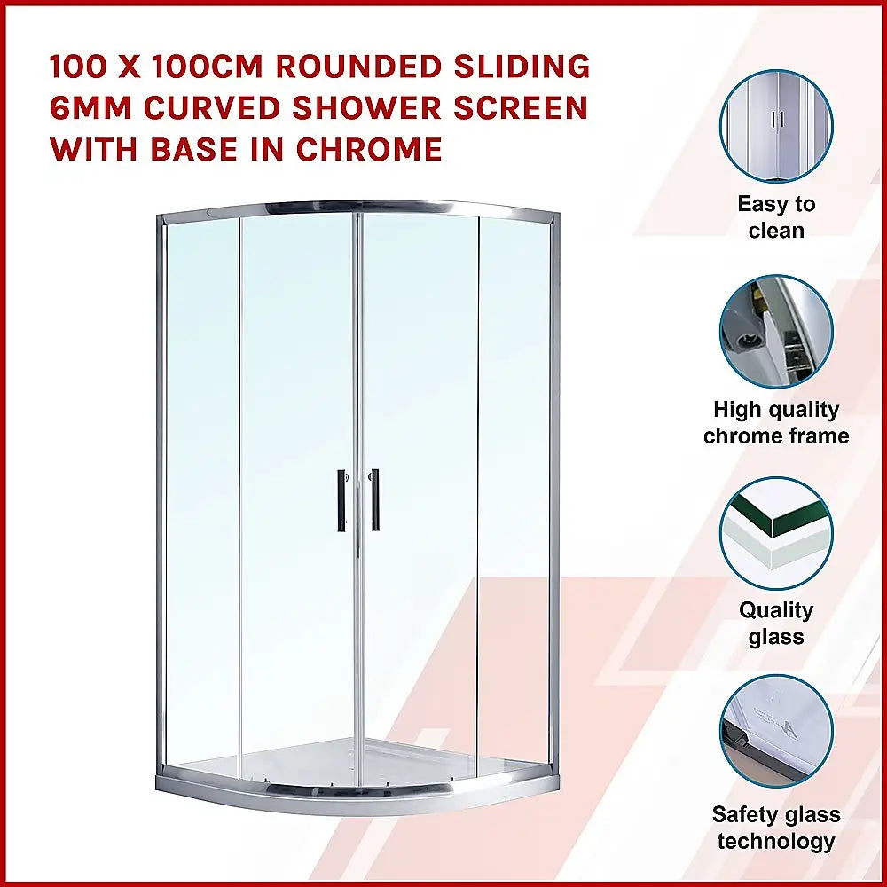 100 x 100cm Rounded Sliding 6mm Curved Shower Screen with Base in Chrome - Furniture > Bathroom > Shower Heads & Screens