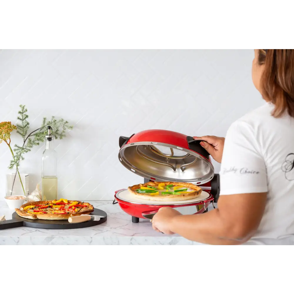 12-inch Pizza Oven with Thermal Control Timer Viewing Window and Removable Stone - Red - Appliances > Kitchen