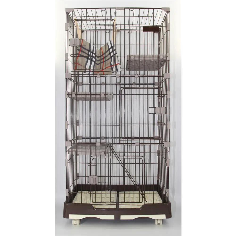 146 cm Brown Pet 4 Level Cat Cage House With Litter Tray & Wheel 72x47x146 cm - Pet Care > Coops & Hutches > Small