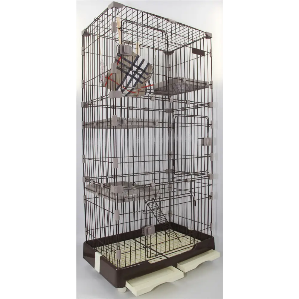 146 cm Brown Pet 4 Level Cat Cage House With Litter Tray & Wheel 72x47x146 cm - Pet Care > Coops & Hutches > Small