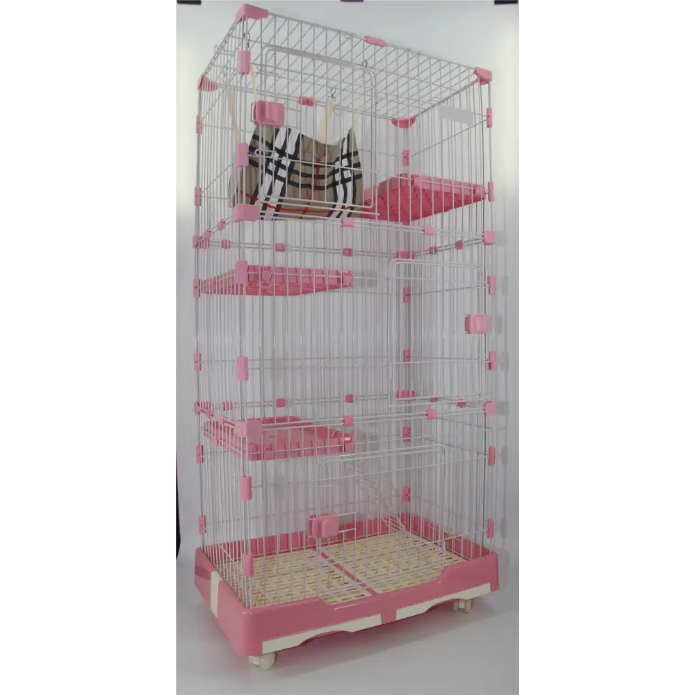 146 cm Pink Pet 4 Level Cat Cage House With Litter Tray & Wheel 72x47x146 cm - Pet Care > Coops & Hutches > Small