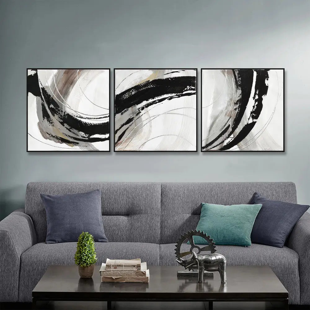 150X50cm Set of 3 Black Framed Hand Painted Canvas Wall Art - Home & Garden > Wall Art