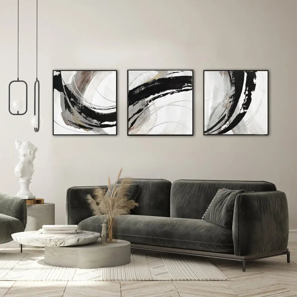 150X50cm Set of 3 Black Framed Hand Painted Canvas Wall Art - Home & Garden > Wall Art