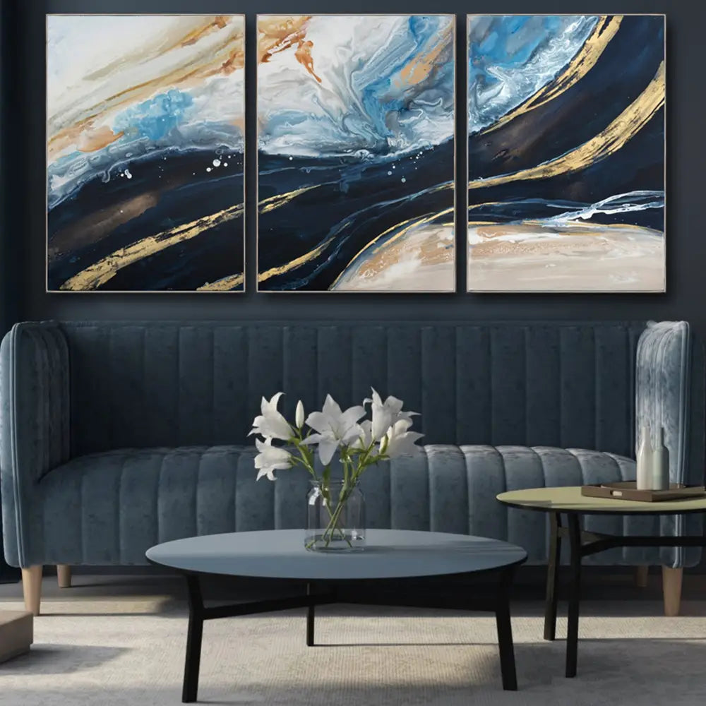 150X70cm Set of 3 Gold Framed Hand Painted Canvas Wall Art - Home & Garden > Wall Art