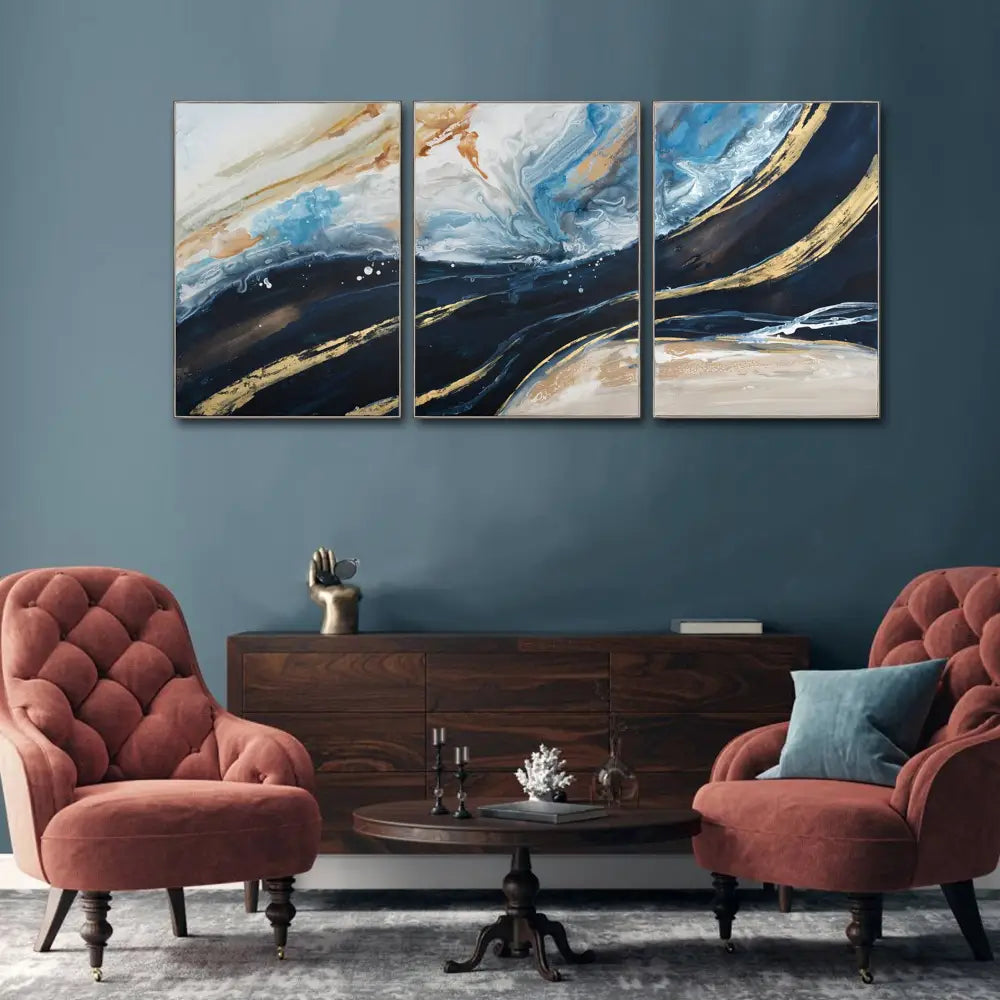 150X70cm Set of 3 Gold Framed Hand Painted Canvas Wall Art - Home & Garden > Wall Art
