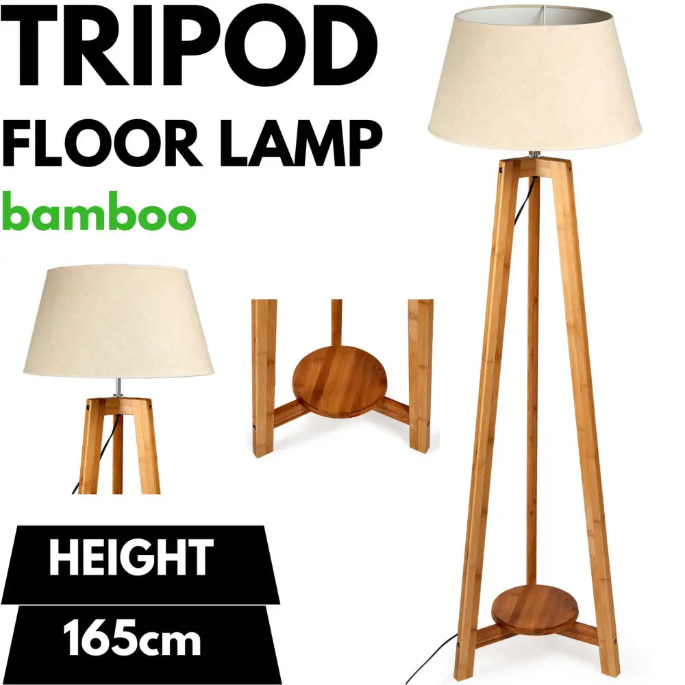 155cm Large Bamboo Wooden Tripod Floor Lamp w Beige Linen Light Shade - Home & Garden > Lighting > Floor Lamps