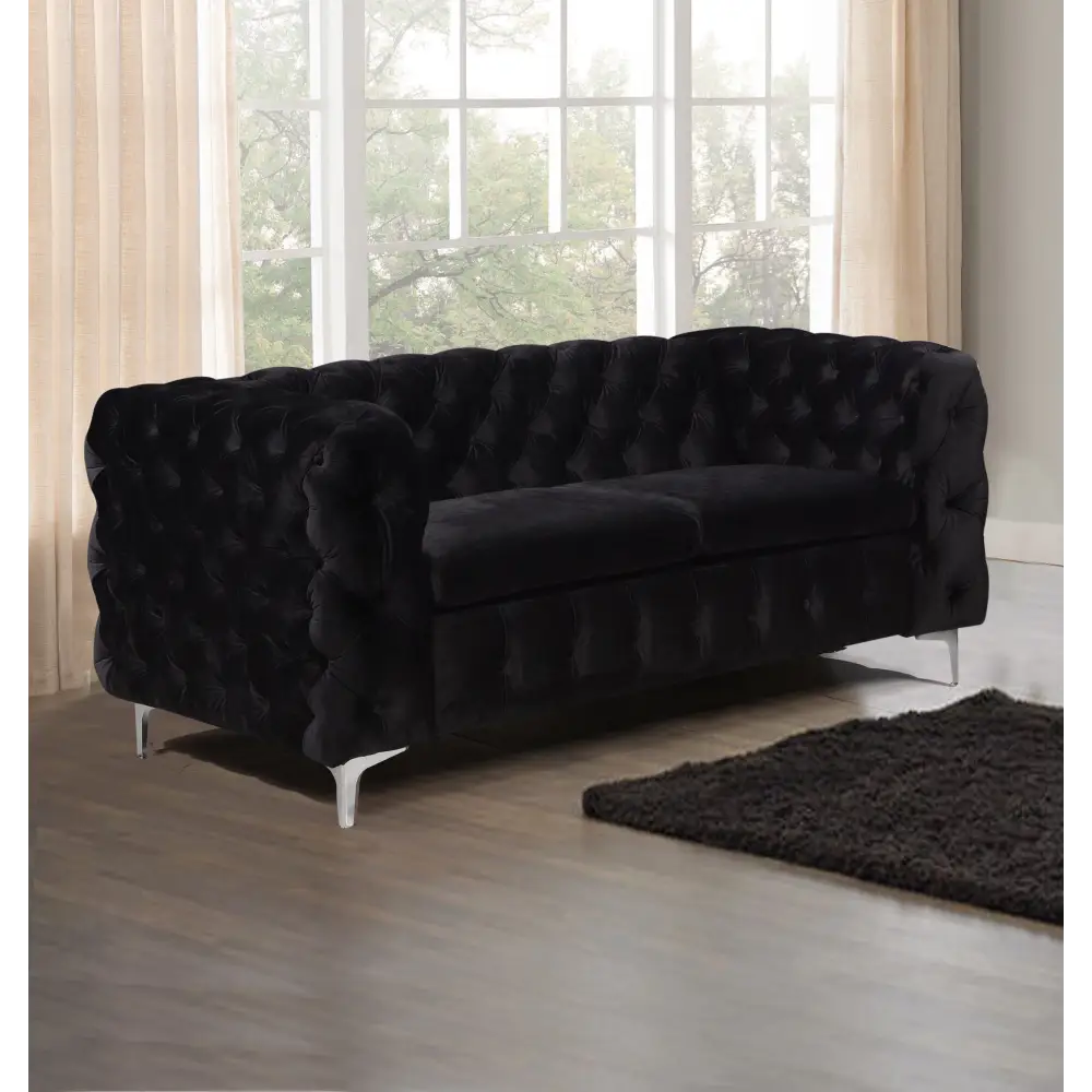 2 Seater Sofa Classic Button Tufted Lounge in Black Velvet Fabric with Metal Legs - Furniture > Sofas