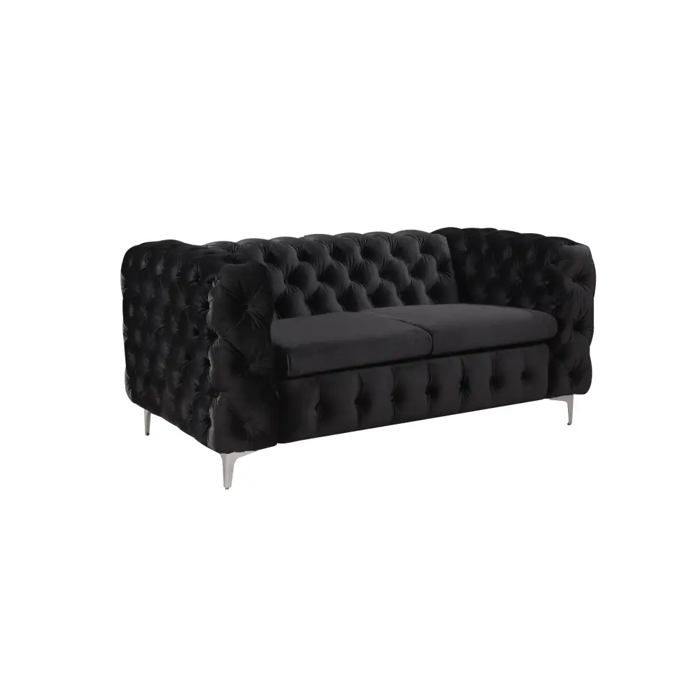 2 Seater Sofa Classic Button Tufted Lounge in Black Velvet Fabric with Metal Legs - Furniture > Sofas