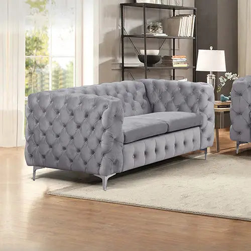 2 Seater Sofa Classic Button Tufted Lounge in Grey Velvet Fabric with Metal Legs - Furniture > Sofas
