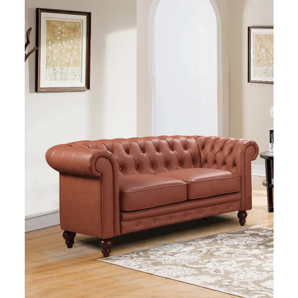 2 Seater Brown Sofa Lounge Chesterfireld Style Button Tufted in Faux Leather - Furniture > Sofas