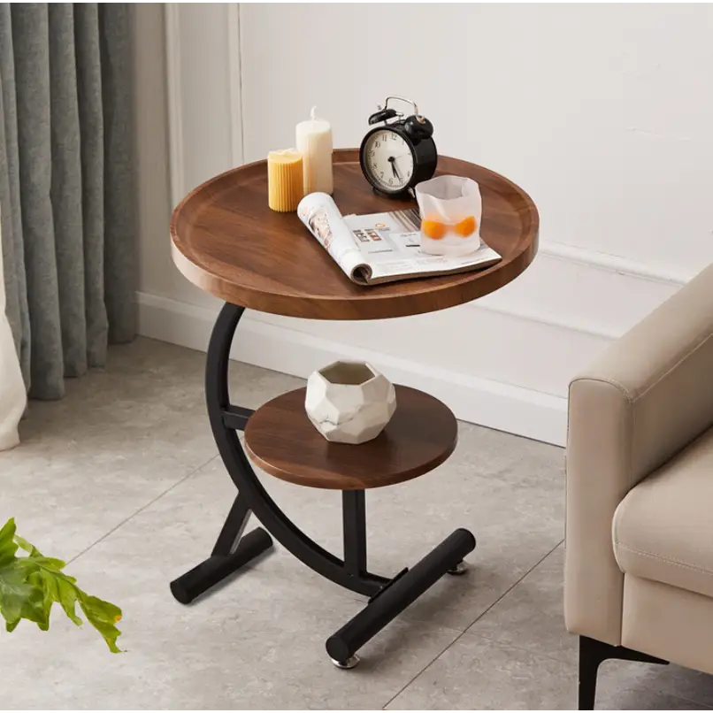 2 Tier End Table Sofa Side End Table Round Nightstand with Sturdy Metal Frame - Furniture > Living Room