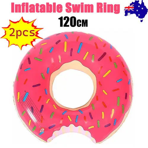 2pcs Pink Inflatable Giant Donut Raft Swim Ring Float Swimming Pool Beach Pink Coff 120CM - Home & Garden > Pool &