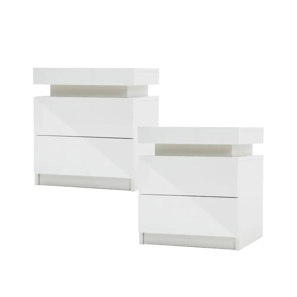 2X Bedside Table 2 Drawers RGB LED Bedroom Nightstand Gloss AURORA WHITE - Furniture > Bedroom