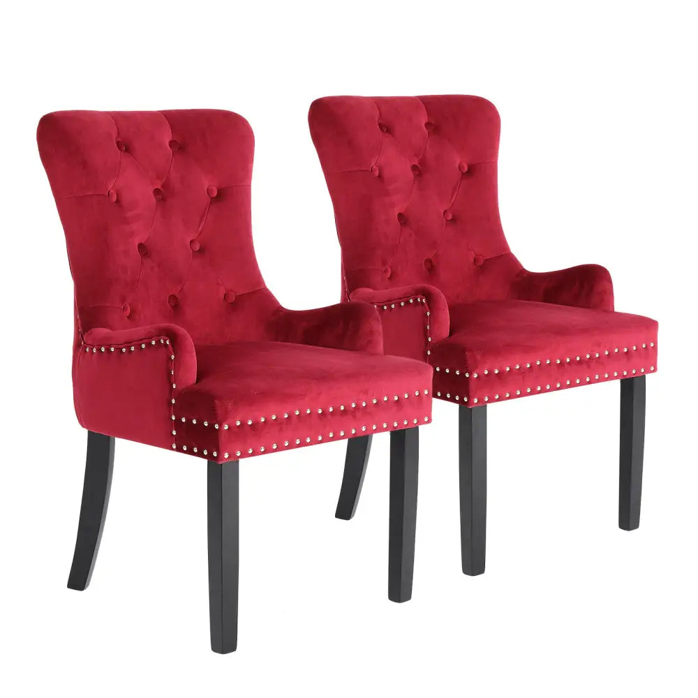 2X French Provincial Dining Chair Ring Studded Velvet Rubberwood Leg LISSE BORDEAUX RED - Furniture > Bar Stools &