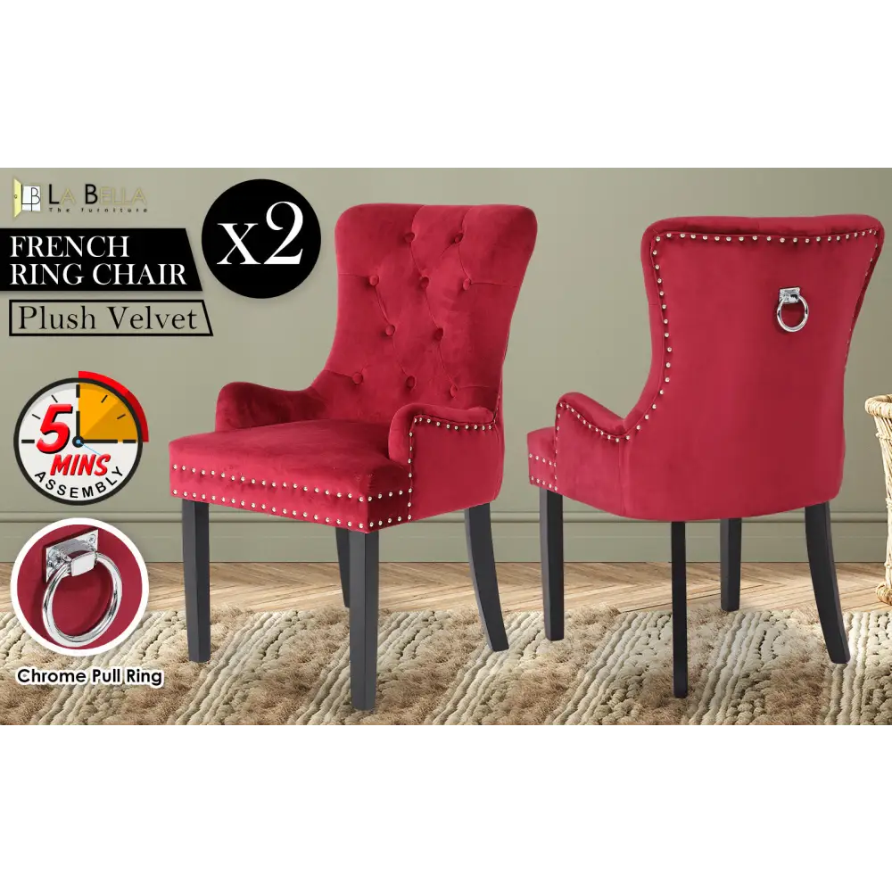 2X French Provincial Dining Chair Ring Studded Velvet Rubberwood Leg LISSE BORDEAUX RED - Furniture > Bar Stools &