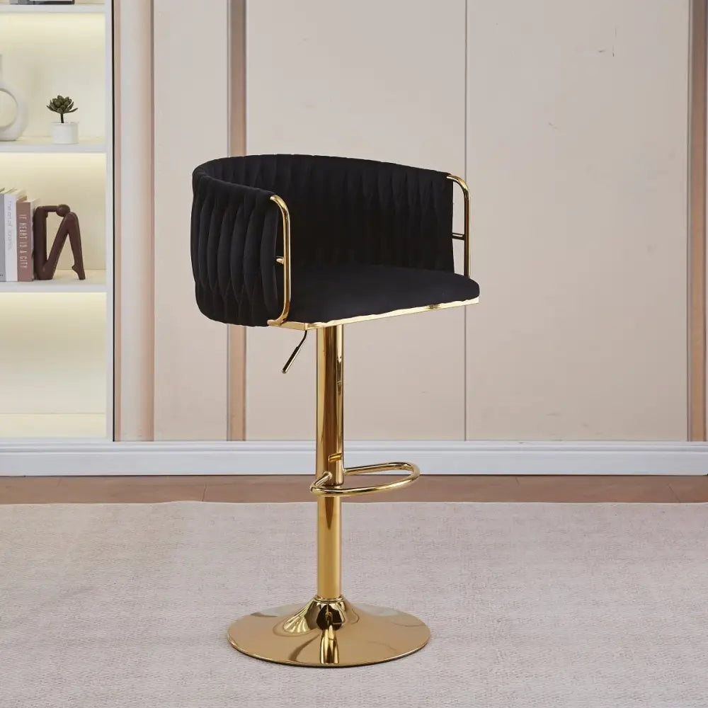 2x Height Adjustable Black Swivel Bar Stool Velvet Golden Round Base Barstools Chairs - Furniture > Bar Stools & Chairs
