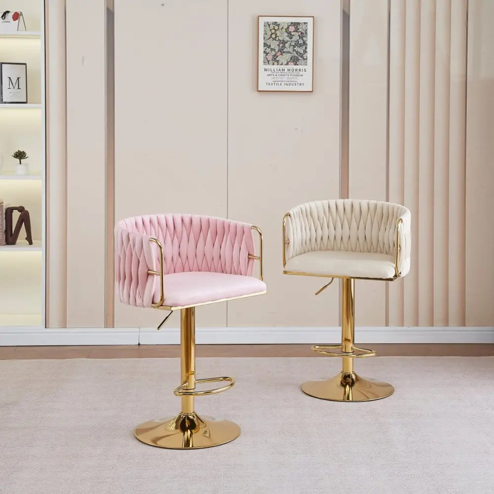 2x Height Adjustable Black Swivel Bar Stool Velvet Golden Round Base Barstools Chairs - Furniture > Bar Stools & Chairs