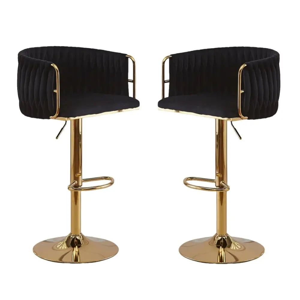 2x Height Adjustable Black Swivel Bar Stool Velvet Golden Round Base Barstools Chairs - Furniture > Bar Stools & Chairs