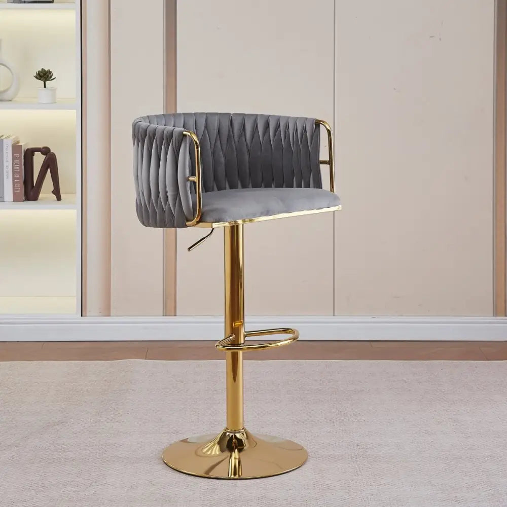 2x Height Adjustable Grey Swivel Bar Stool Velvet Golden Round Base Barstools Chairs - Furniture > Bar Stools & Chairs
