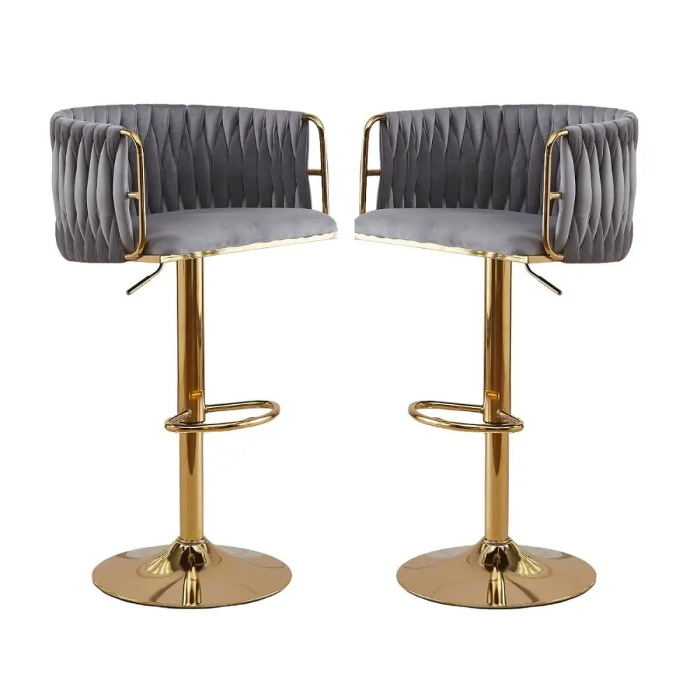 2x Height Adjustable Grey Swivel Bar Stool Velvet Golden Round Base Barstools Chairs - Furniture > Bar Stools & Chairs