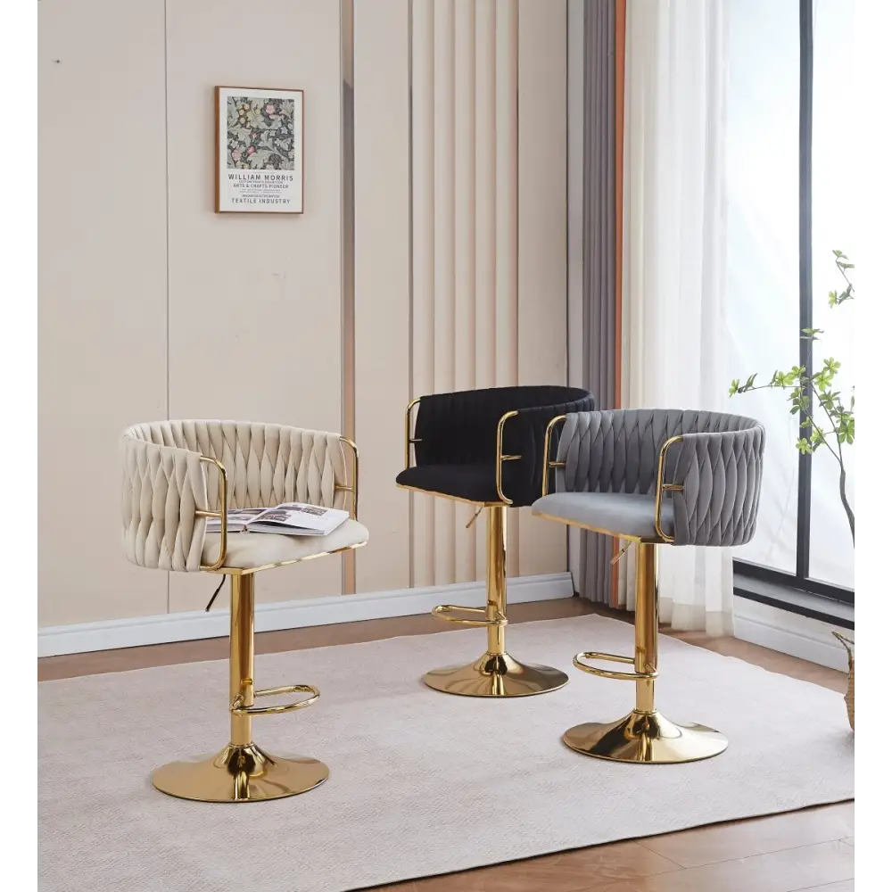 2x Height Adjustable Grey Swivel Bar Stool Velvet Golden Round Base Barstools Chairs - Furniture > Bar Stools & Chairs