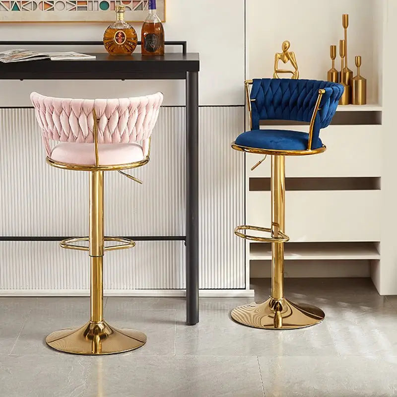 2x Height Adjustable Swivel Bar Stool Velvet Golden Base Barstools Chairs Padded Seat- Blue - Furniture > Bar Stools &