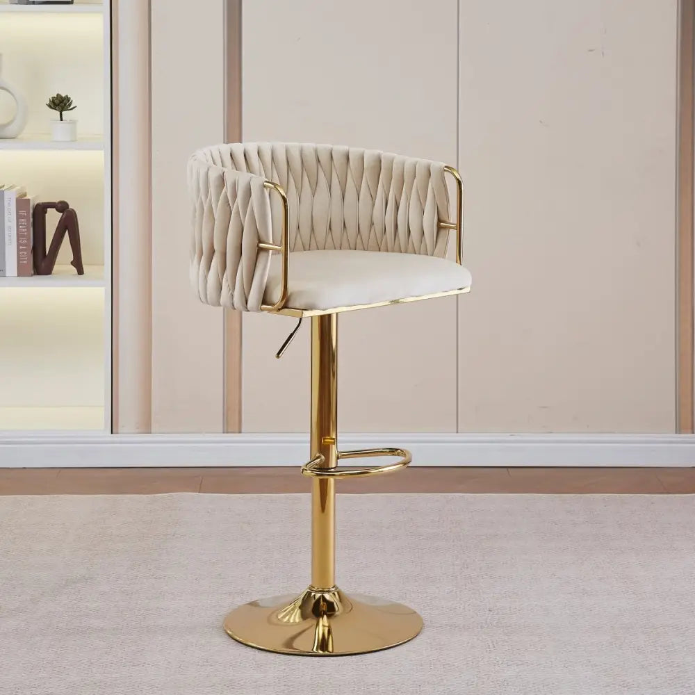 2x Height Adjustable Swivel Bar Stool Velvet Golden Round Base Barstools Chairs - Ivory - Furniture > Bar Stools &
