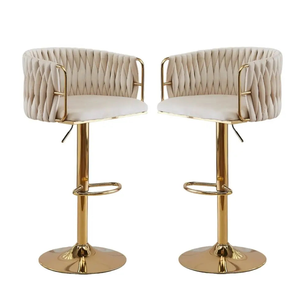 2x Height Adjustable Swivel Bar Stool Velvet Golden Round Base Barstools Chairs - Ivory - Furniture > Bar Stools &
