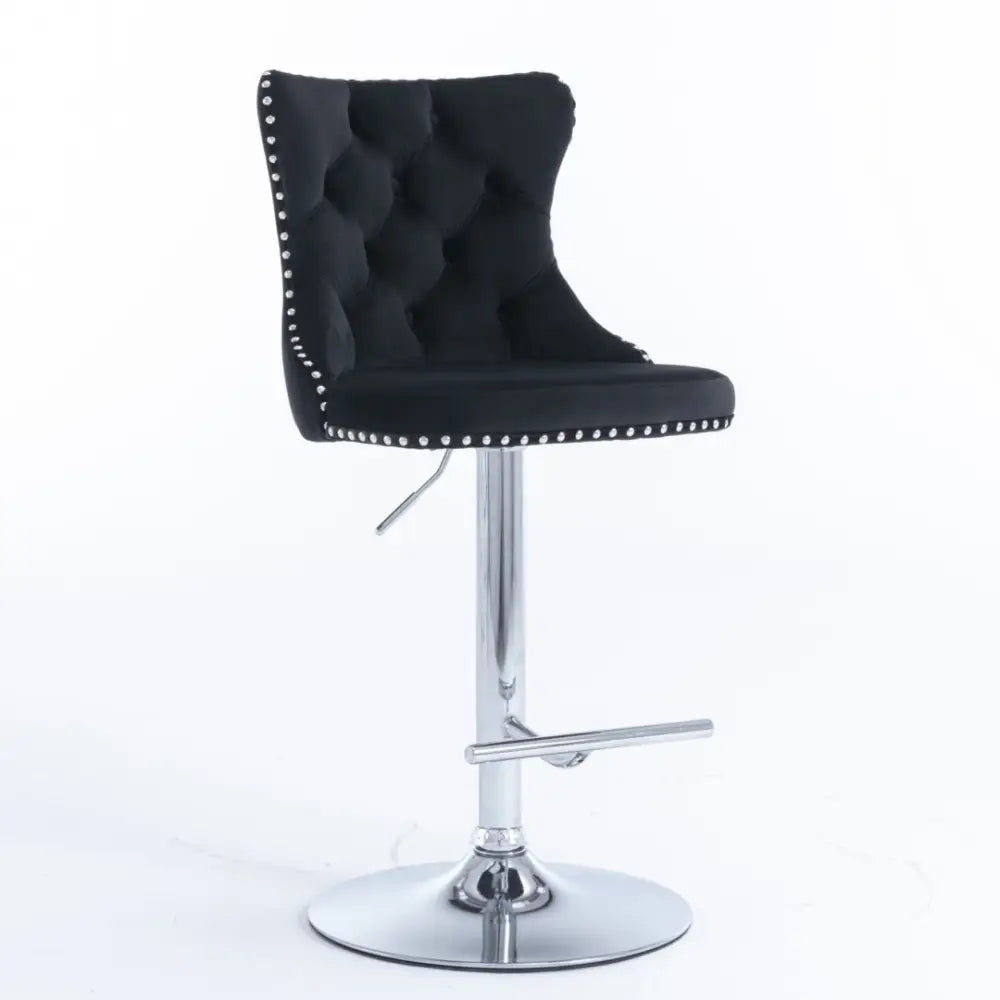 2x Height Adjustable Swivel Bar Stool Velvet Studs Barstool with Footrest and Chromed Base- Black - Furniture > Bar