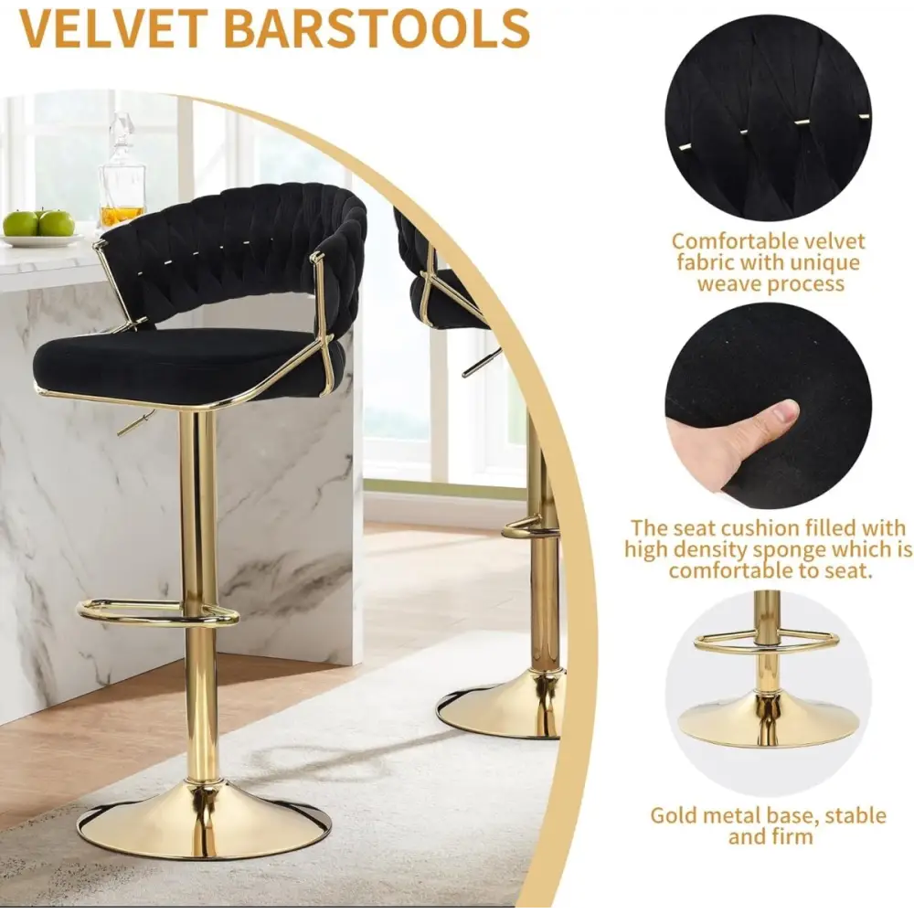 2x Height Green Velvet Padded Golden Round Base Barstools Chairs - Furniture > Bar Stools & Chairs > Table & Bar Stools