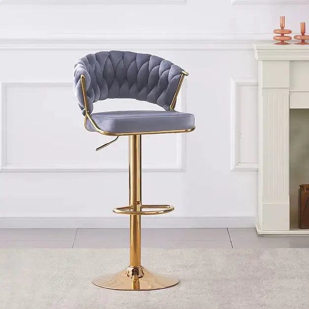 2x Height Grey Velvet Padded Golden Round Base Barstools Chairs - Furniture > Bar Stools & Chairs > Table & Bar Stools