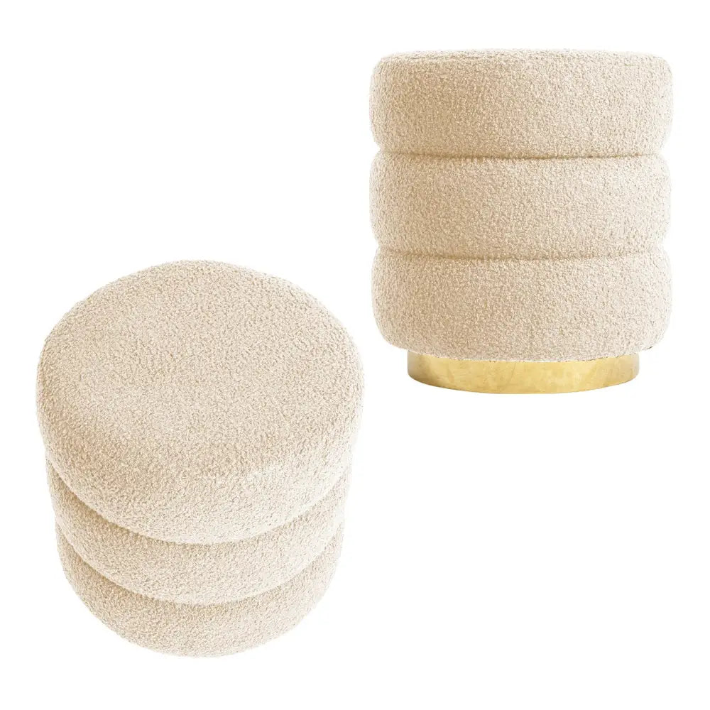 2X Round Stacked Ottoman Stool Teddy Fleece Fabric Foot Rest 38cm BEIGE - Furniture > Living Room > Ottomans &