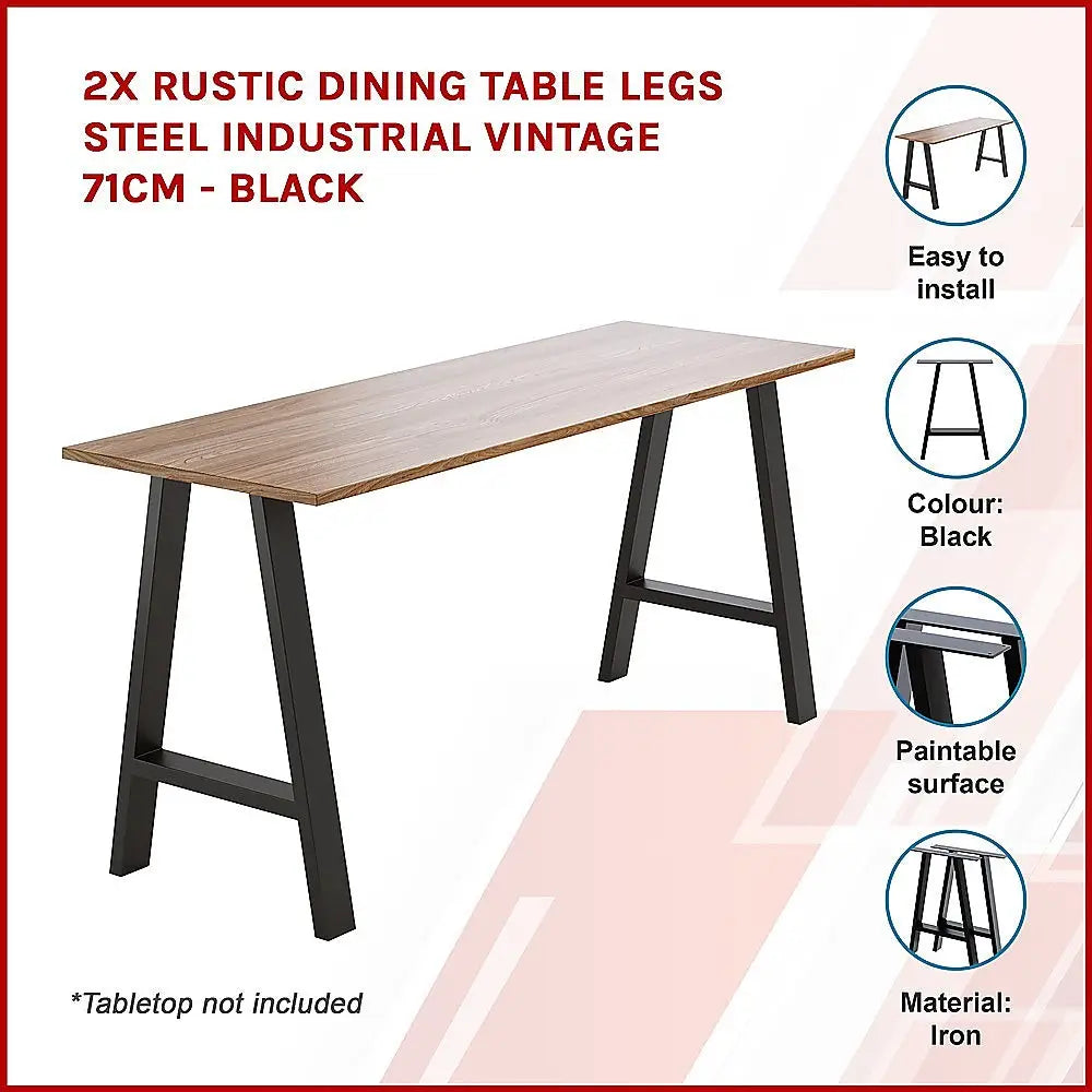 2x Rustic Dining Table Legs Steel Industrial Vintage 71cm - Black - Furniture > Office