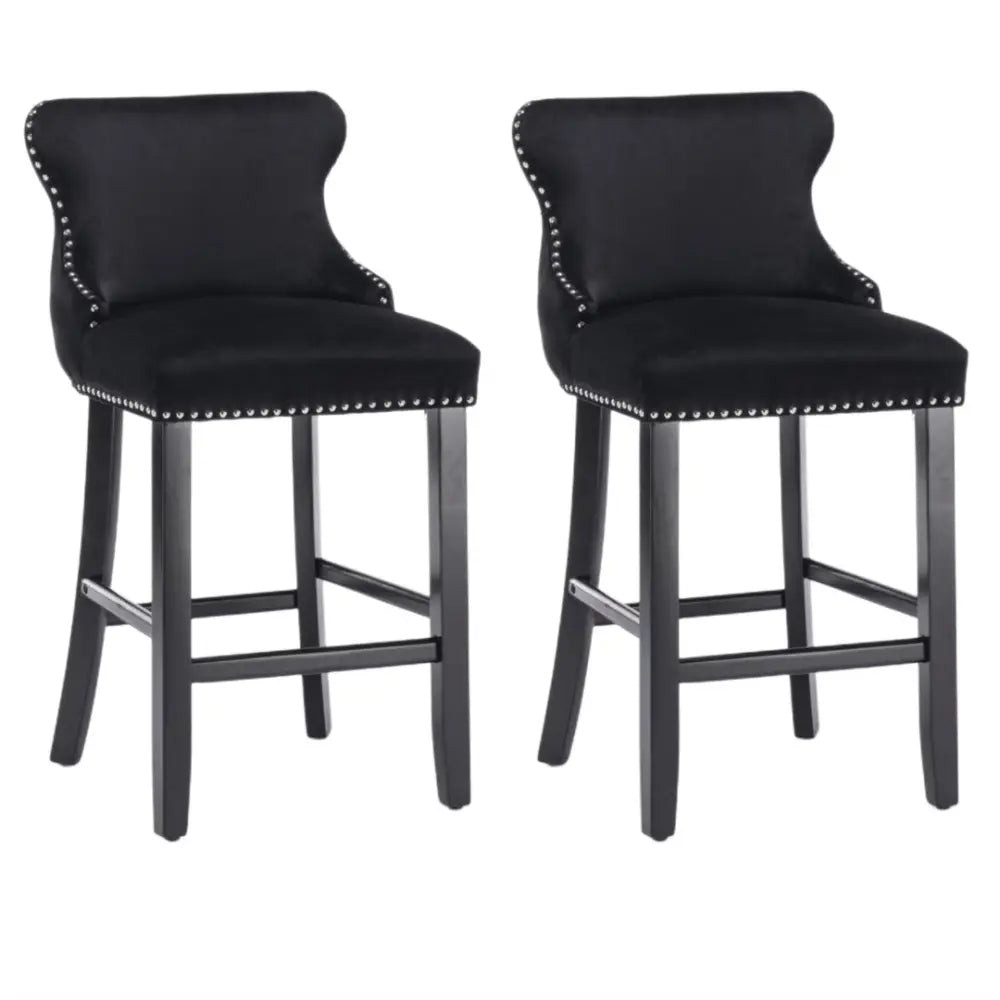 2x Velvet Upholstered Button Tufted Bar Stools with Wood Legs and Studs-Black - Furniture > Bar Stools & Chairs > Table