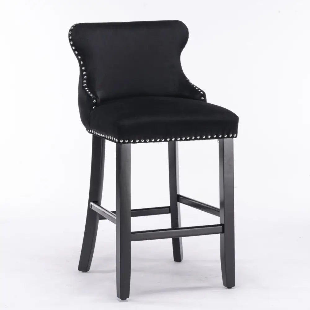 2x Velvet Upholstered Button Tufted Bar Stools with Wood Legs and Studs-Black - Furniture > Bar Stools & Chairs > Table