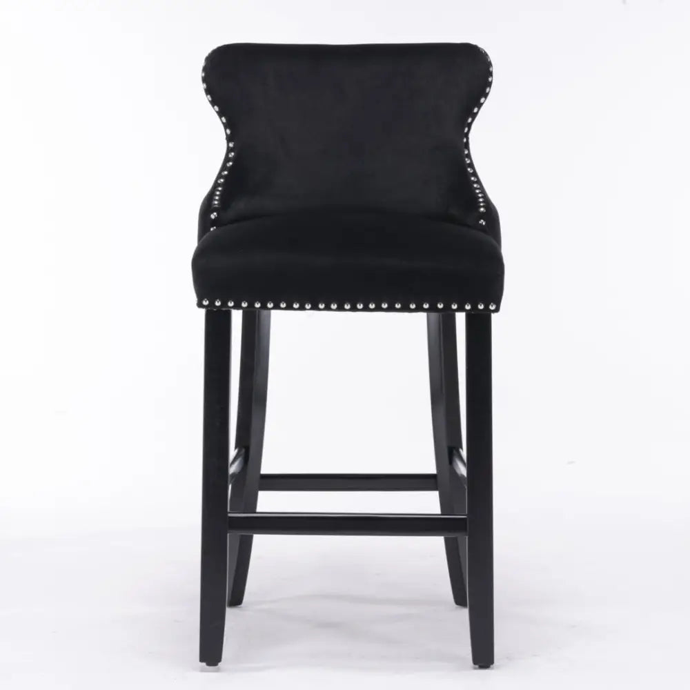 2x Velvet Upholstered Button Tufted Bar Stools with Wood Legs and Studs-Black - Furniture > Bar Stools & Chairs > Table