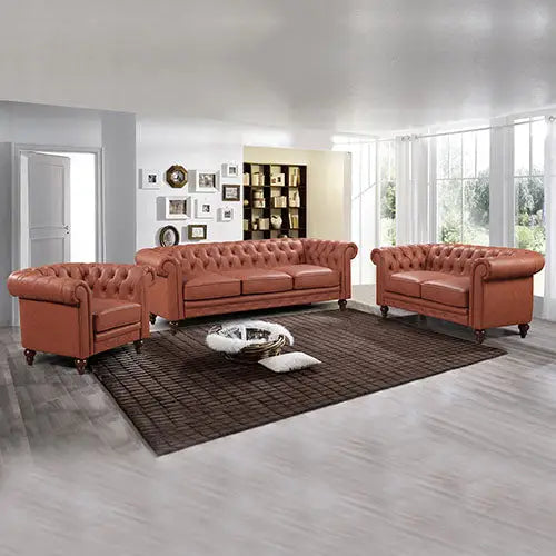 3 + 2 + 1 Seater Brown Sofa Lounge Chesterfireld Style Button Tufted in Faux Leather - Furniture > Sofas