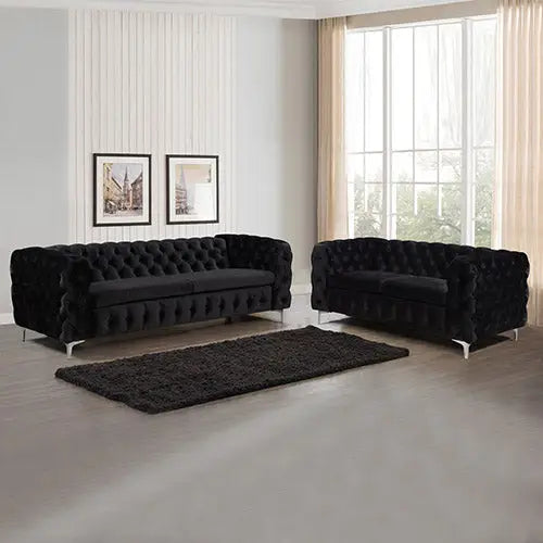 3 + 2 Seater Sofa Classic Button Tufted Lounge in Black Velvet Fabric with Metal Legs - Furniture > Sofas
