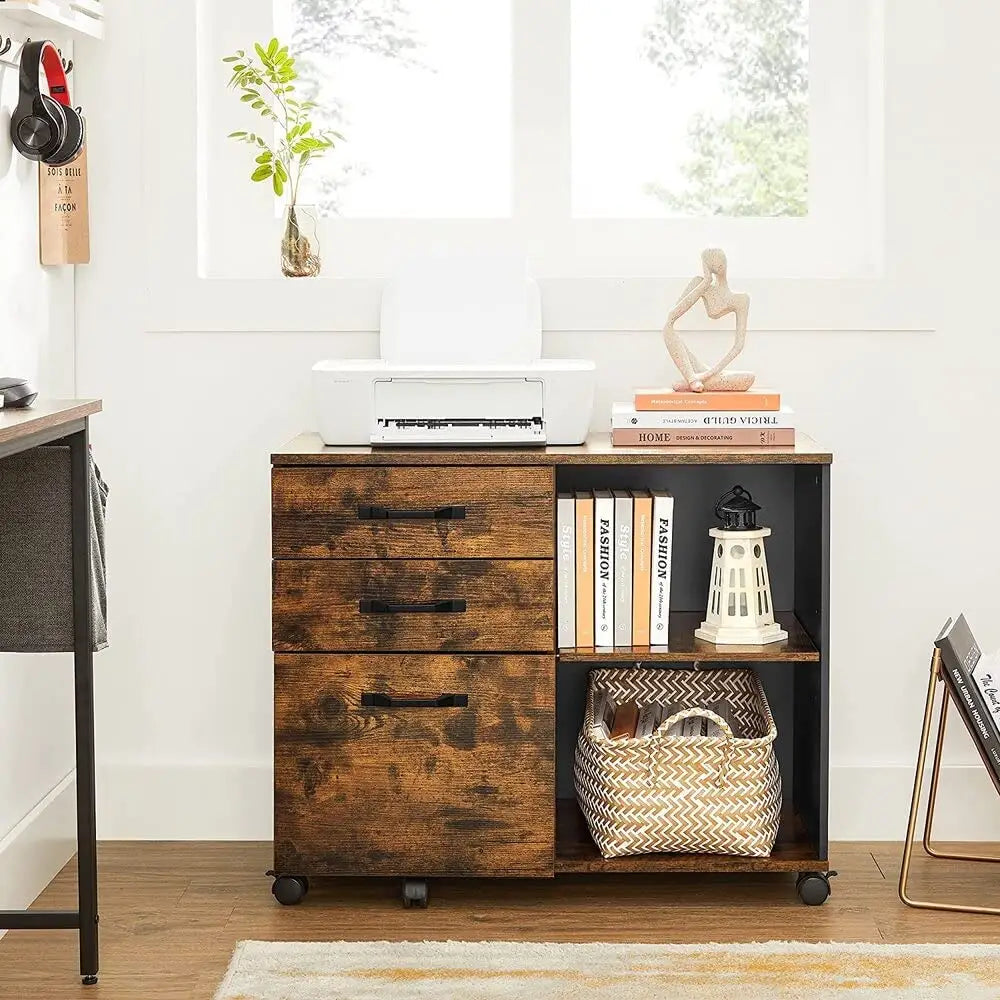 3-Drawer File Cabinet with Open Compartments for A4 Rustic Brown and Black - Home & Garden > Home Office Accessories >
