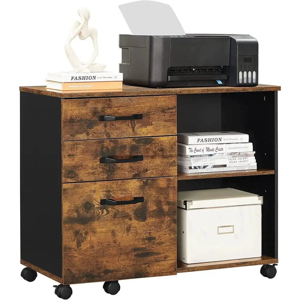 3-Drawer File Cabinet with Open Compartments for A4 Rustic Brown and Black - Home & Garden > Home Office Accessories >