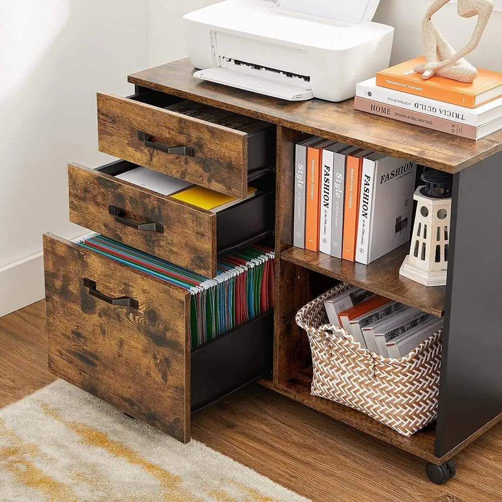 3-Drawer File Cabinet with Open Compartments for A4 Rustic Brown and Black - Home & Garden > Home Office Accessories >