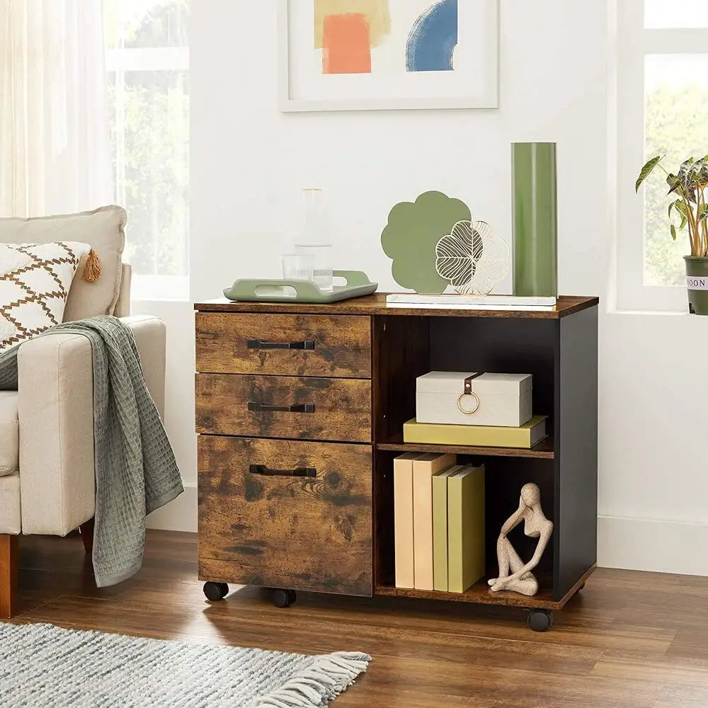 3-Drawer File Cabinet with Open Compartments for A4 Rustic Brown and Black - Home & Garden > Home Office Accessories >
