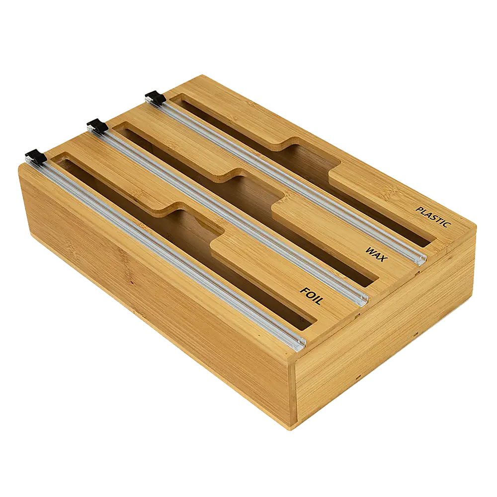 3 Grids Bamboo Wrap Dispenser Cutter Foil Cling Film Storage Holder Box Kitchen - Home & Garden > Kitchenware