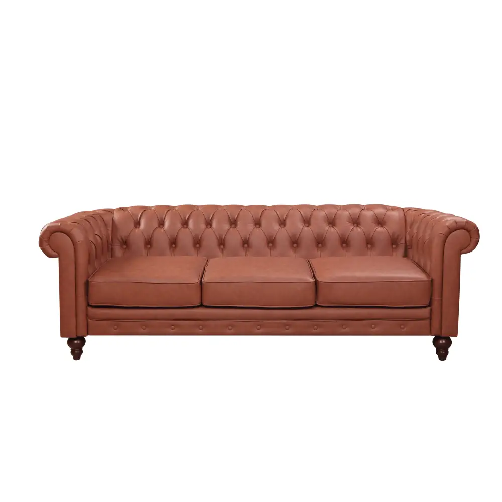 3 Seater Brown Sofa Lounge Chesterfireld Style Button Tufted in Faux Leather - Furniture > Sofas