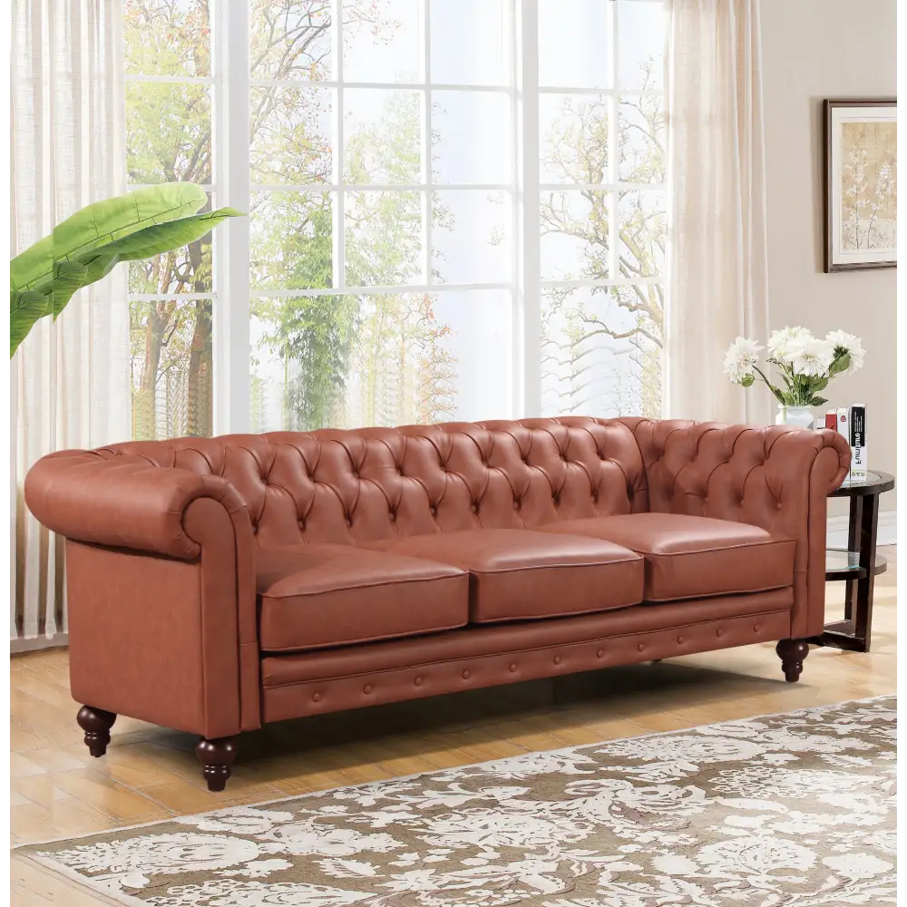 3 Seater Brown Sofa Lounge Chesterfireld Style Button Tufted in Faux Leather - Furniture > Sofas