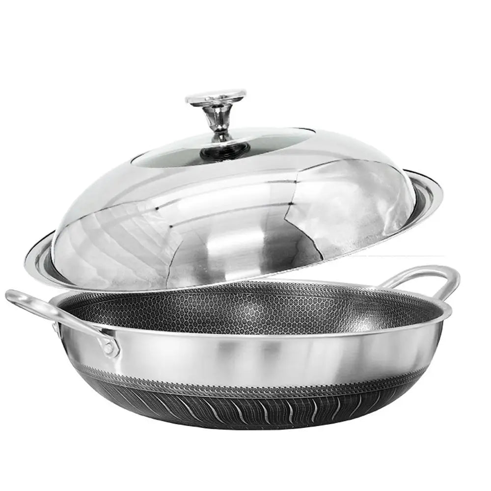 34cm 316 Stainless Steel Double Ear Non-Stick Stir Fry Cooking Kitchen Wok Pan with Lid Honeycomb Double Sided - Home &