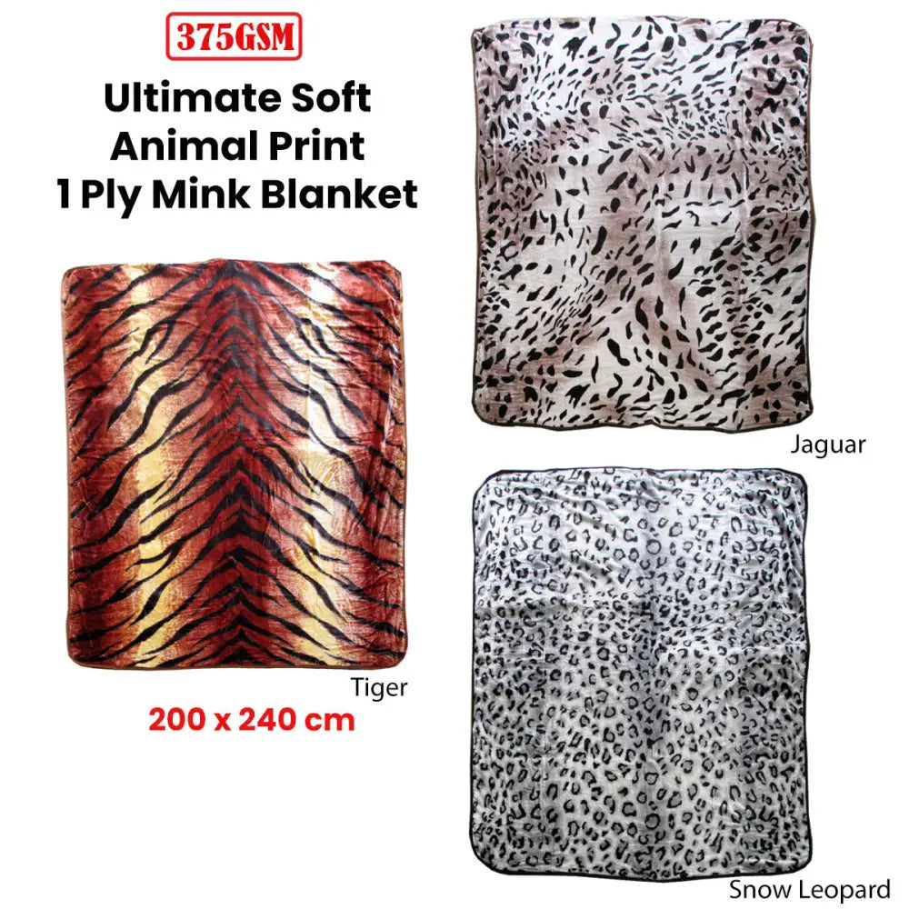 375gsm 1 Ply Animal Print Faux Mink Blanket Queen 200x240 cm Snow Leopard - Home & Garden > Bedding