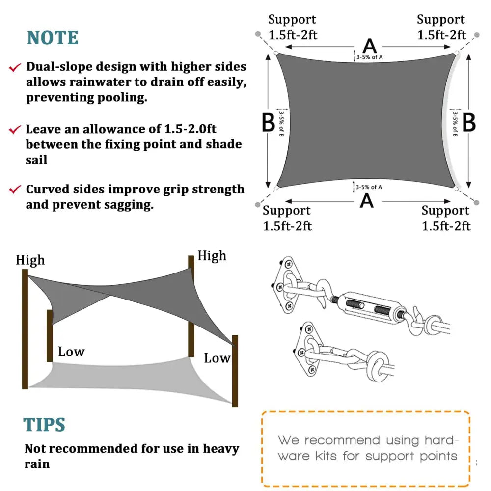 3m x 5m Grey Rectangle Sun Shade Sails for Patios Sun UV Outdoor Canopy Backyard Sunshades - Home & Garden > Shading >