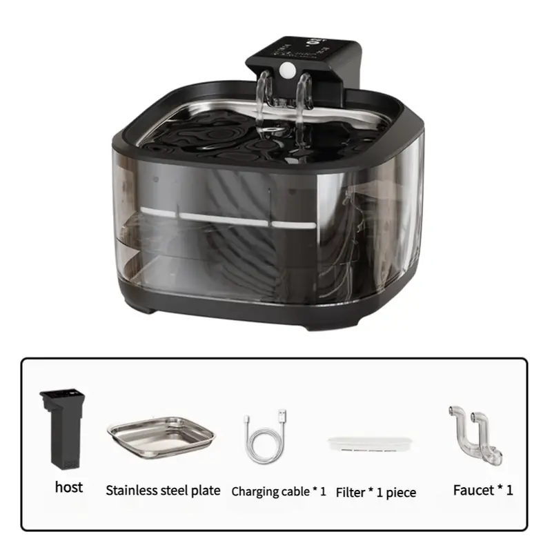 4.5L Dual-Flow Smart Pet Water Fountain with Stainless Steel Plate and Faucet – Black Design - Pet Care > Cat