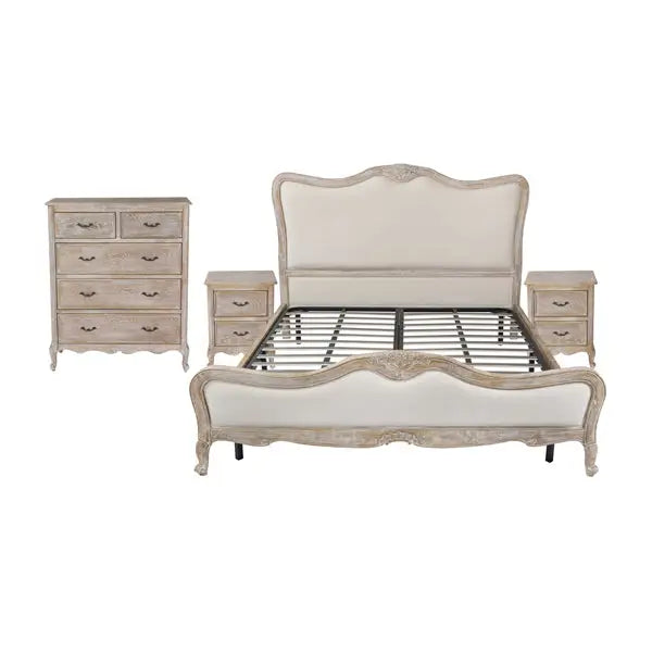 4 Pcs Bedroom Suite Oak Wood Plywood Veneer White Washed Finish in Queen Size - Furniture > Bedroom > Dressers